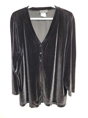 Oscar Maxx Black Velvet Velour Blouse Women's Small Made in Canada V-Neck Button